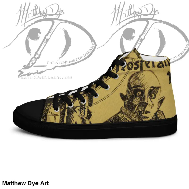 High-top sneaker with artistic character illustrations in yellow and black tones for Classic Horror