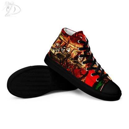 High-top sneakers featuring vibrant red and black fantasy design for Trick R Treat