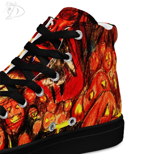 High-top sneakers with a red and orange abstract design for Trick r Treat Halloween style