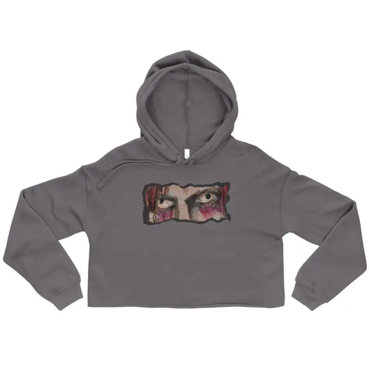 Gray cropped hoodie featuring an artistic eye design, a remarkable statement piece