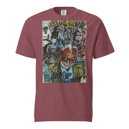 Burgundy heavyweight t-shirt with colorful graffiti design from Zombie Cinema collection