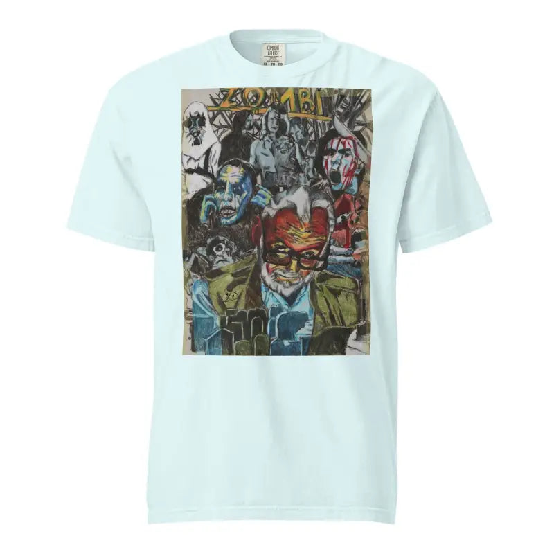 Light blue heavyweight t-shirt featuring graffiti-style Zombie Cinema artwork