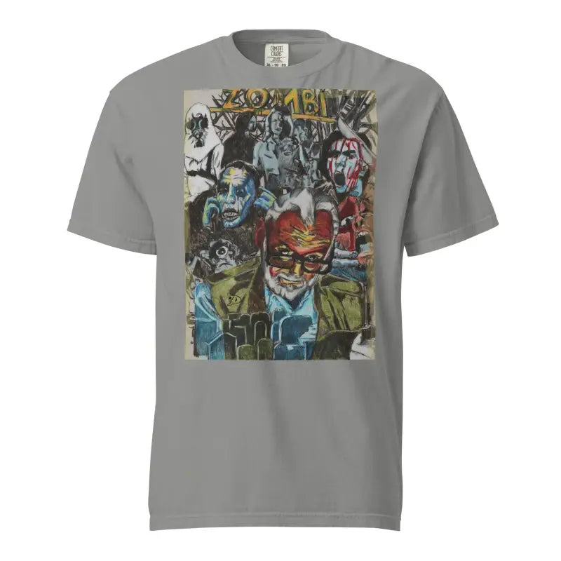 Grey heavyweight t-shirt featuring a graffiti-style Zombie Cinema street art collage design