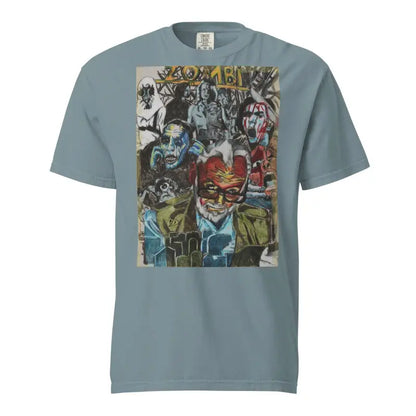 Grey heavyweight t-shirt with abstract graffiti-style artwork in Zombie Cinema design