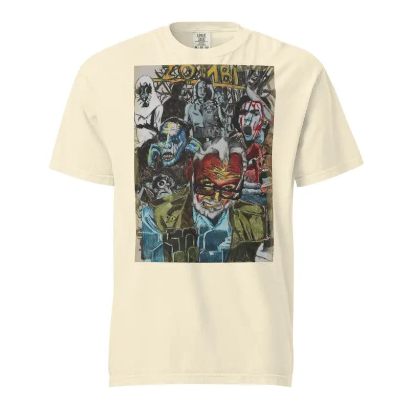 Cream-colored heavyweight t-shirt with colorful abstract graffiti for Zombie Cinema