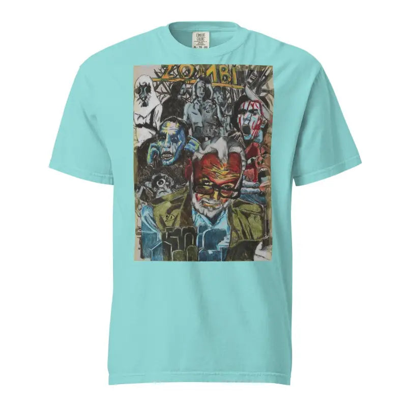 Mint green heavyweight t-shirt with colorful graffiti-style Zombie Cinema artwork