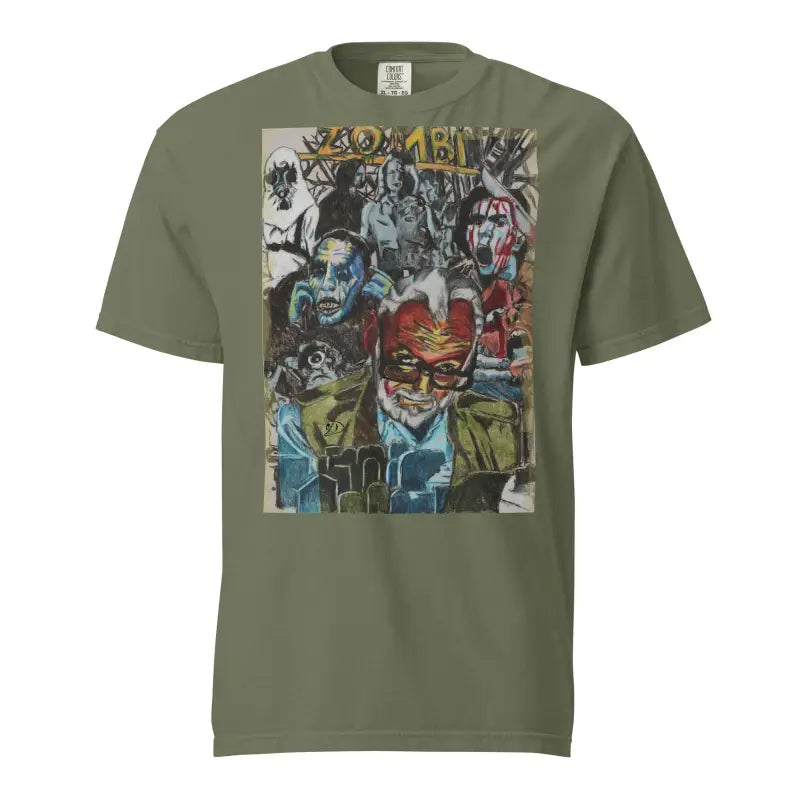 Olive green heavyweight t-shirt with colorful Zombie Cinema graffiti collage print