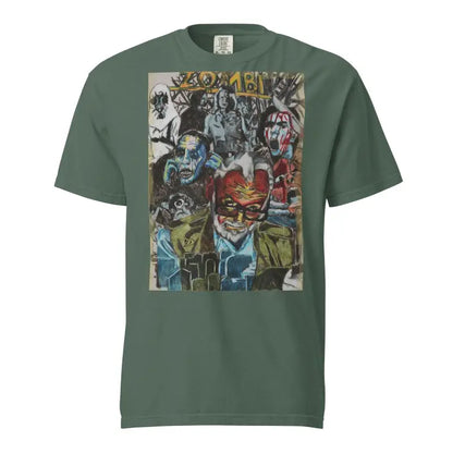 Green heavyweight t-shirt with colorful comic book collage from Zombie Cinema design