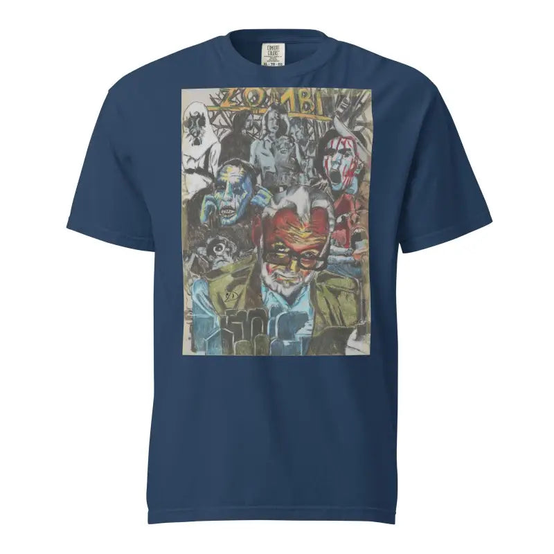 Navy blue heavyweight t-shirt featuring colorful graffiti artwork for Zombie Cinema