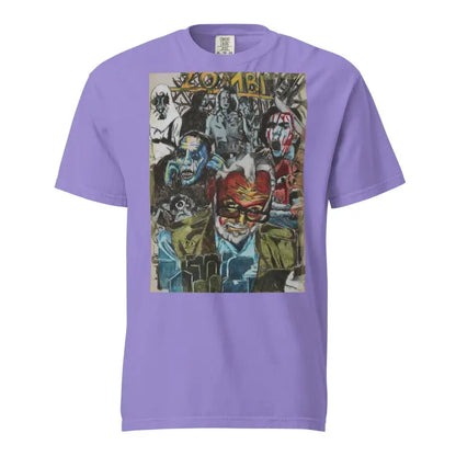 Lavender heavyweight t-shirt featuring colorful graffiti art for Zombie Cinema fans