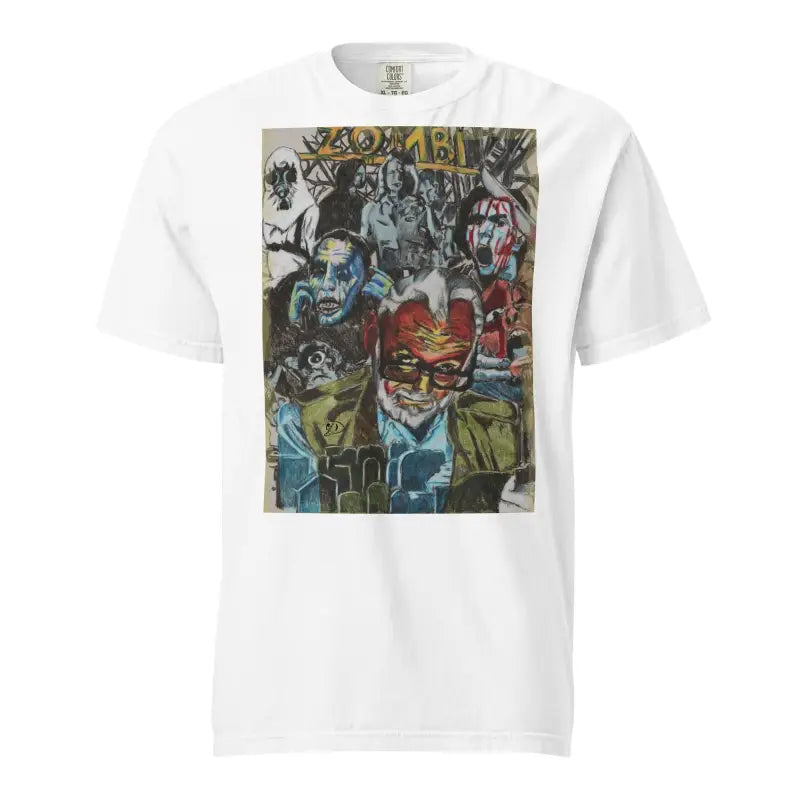 White heavyweight t-shirt featuring urban graffiti artwork for Zombie Cinema enthusiasts